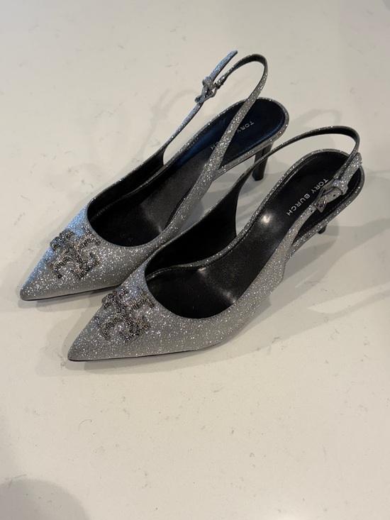 Tory Burch Shoes - Gently used Tory Burch Silver Glitter Pointed Slingback Heels with Logo 8.5